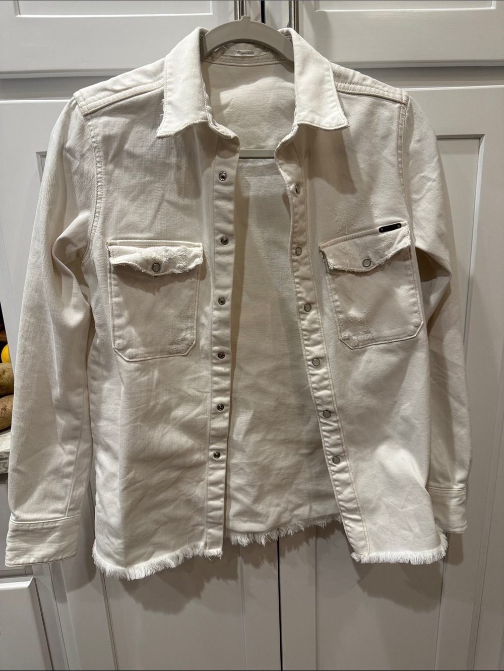 Cream Button-Front Denim Shacket with Frayed Hem